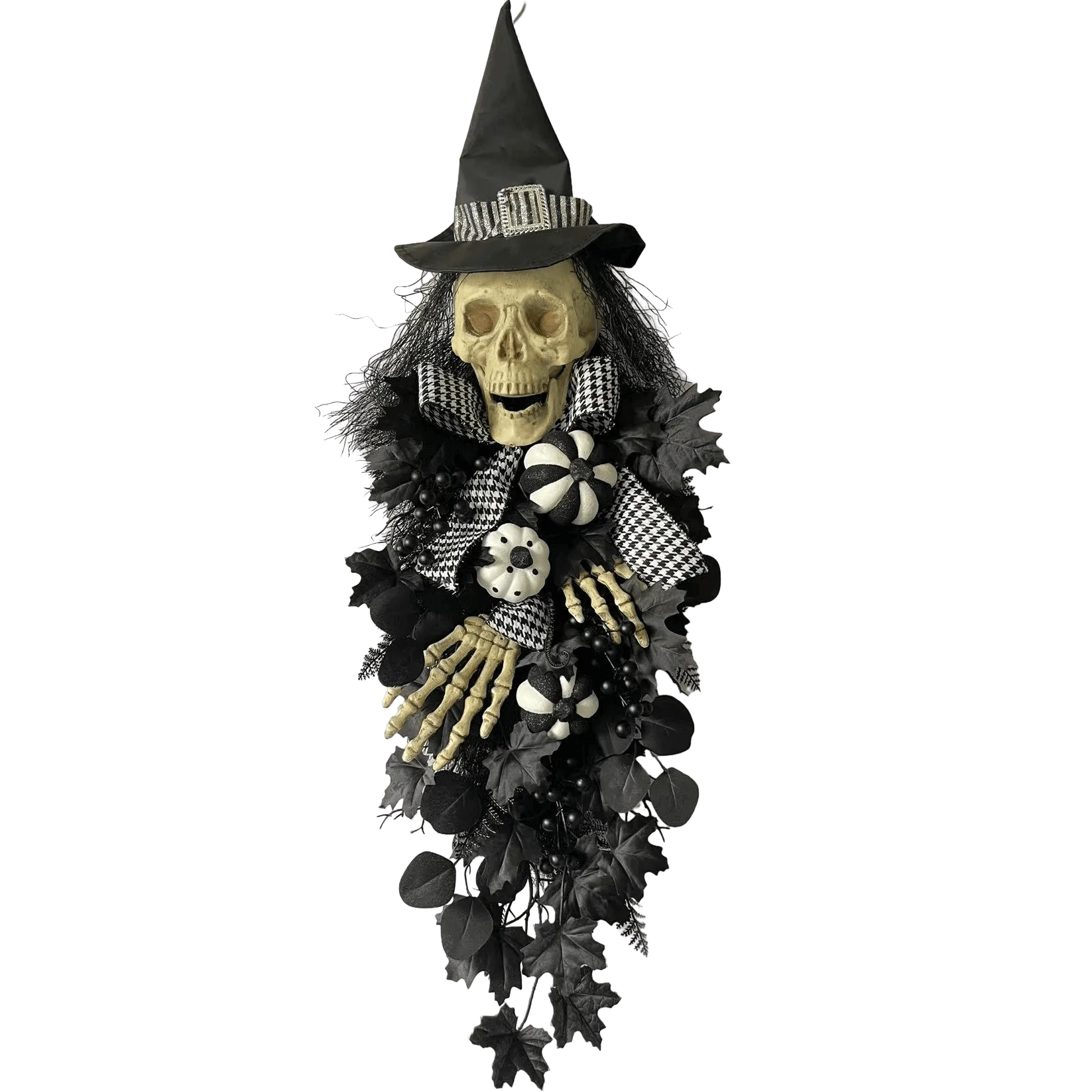 Senmasine Front Door Diy Hanging Wreath Black Artificial Leaves Bow Pumpkin Spooky Scary Skeleton Hand Witch Hat Halloween Swag
