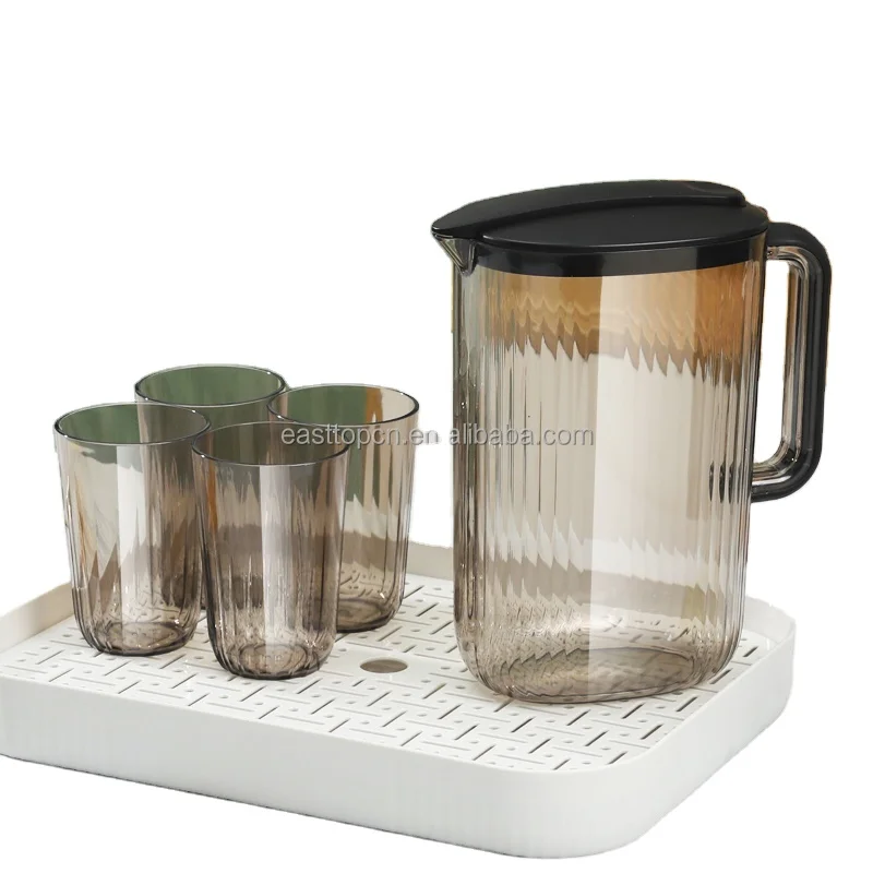 Plastic Pitcher Set with Handle and Lid,  2.0L Pitcher with 4 Matching Cups and Tray, Perfect Gift for Dinner Parties, Barbecues