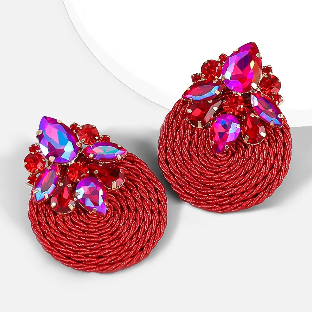 New geometric alloy glass diamond earrings polyester elastic cord braided round earrings jewelry for women
