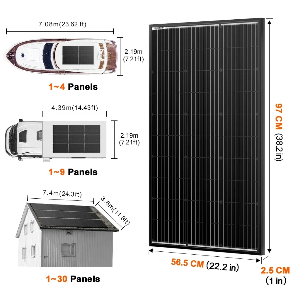 Dokio Pure Black 100W 18V Waterproof Rigid Solar Panel/Solar Panel Controller Kit Home Charging Monocrystalline