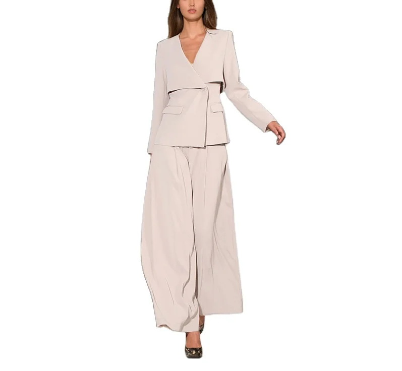 Spring Autumn Women Clothing 2 Pieces Set Solid Slim Fit Blazer with Wide Leg Pants Ladies Office Suits Full Work Woven Formal
