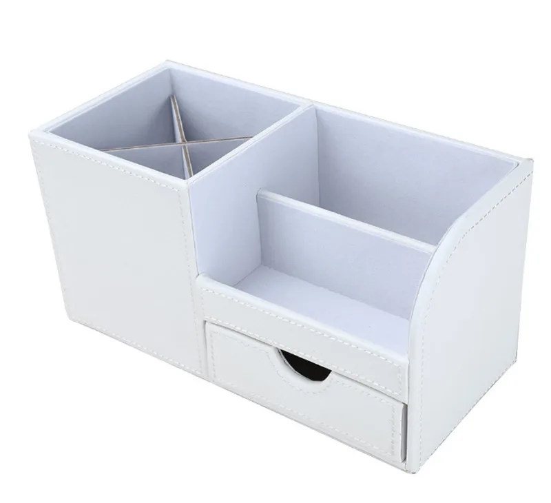 4 Storage Compartments PU Leather Desk Organizer Desktop Stationery Pen Storage Box Collection Desk Tidy Office Desk Organizer