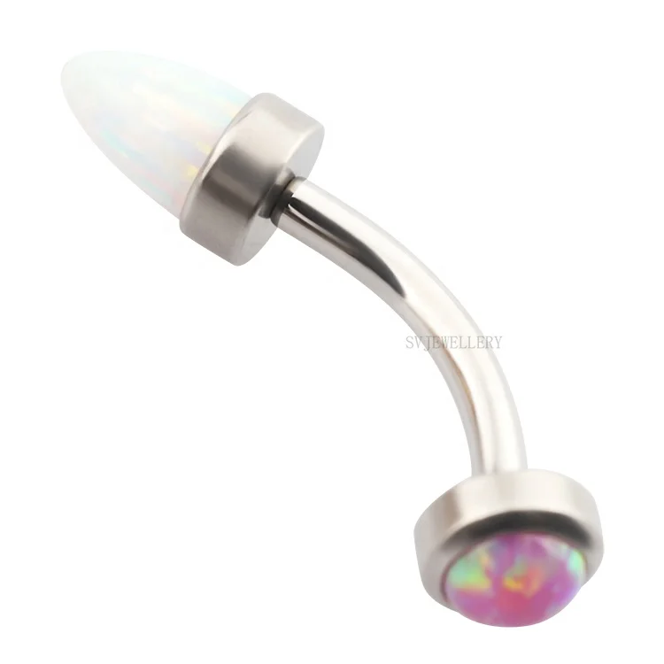 Internally Threaded Titanium Curve Barbell Ring with Faux Opal Flat Body Jewelry