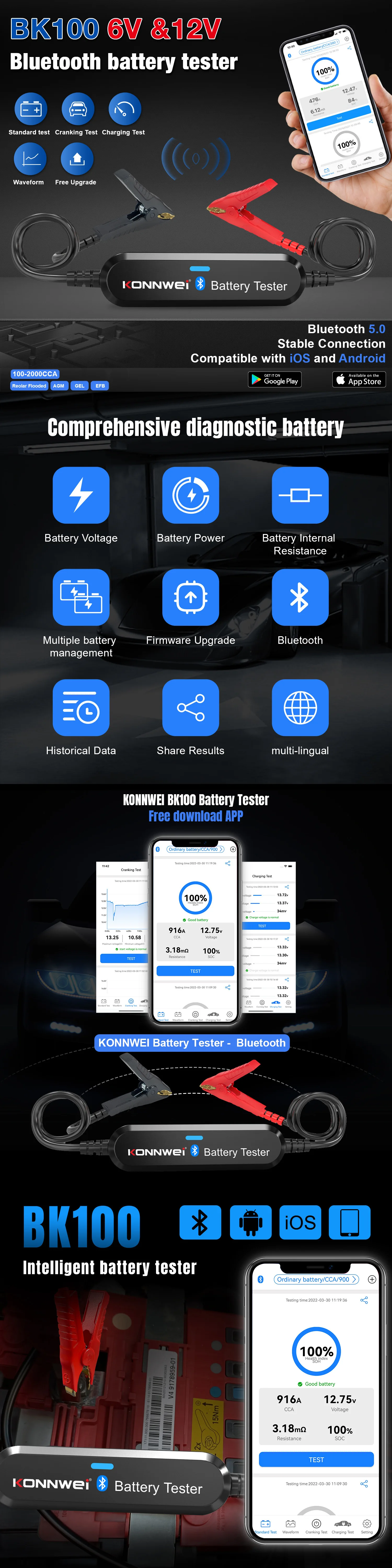 Hot sell 6V 12V Smart Bluetooth batteries capacity tester bluetooth wireless 12 volt battery monitor