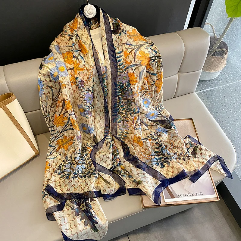 New arrival designer flower printed silk gauze scarf famous brands scarves women beach swimwear sarong cover up wrap shawls