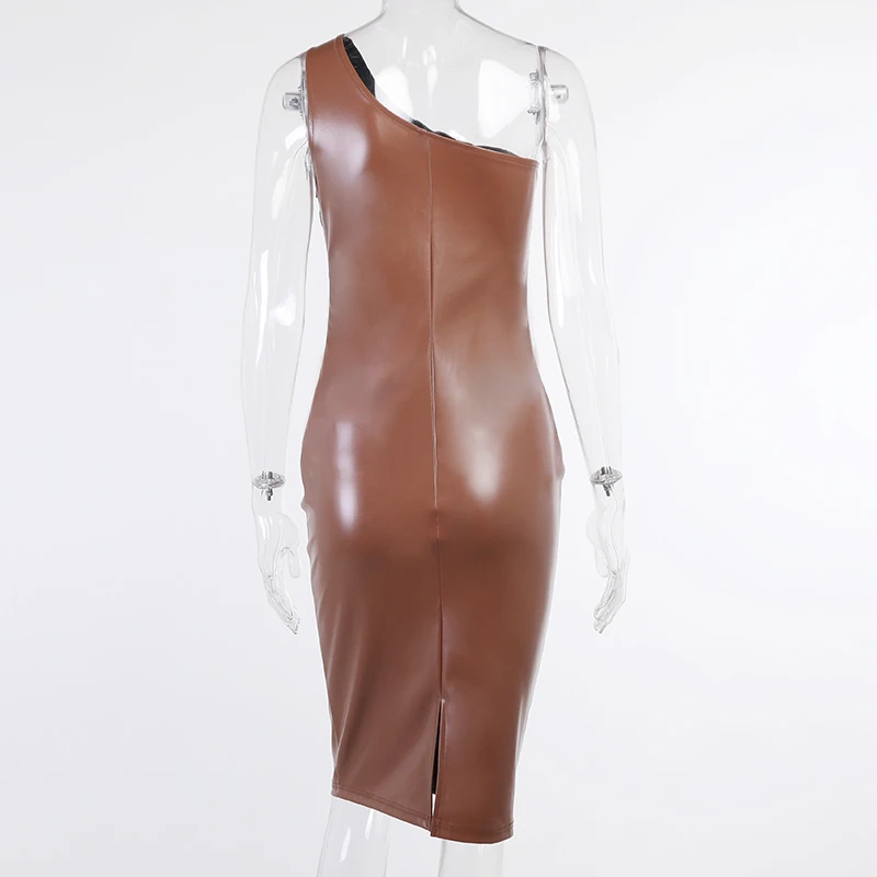 2022 Long Bodycon Pu Leather One Shoulder Sling Asymmetrical Brown Sexy Cut Out Summer Dress
