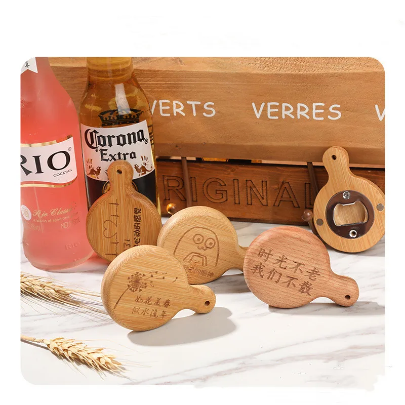 Wooden handle beer starter manufacturers magnet creative refrigerator stickers delicate appearance wood beer bottle opener