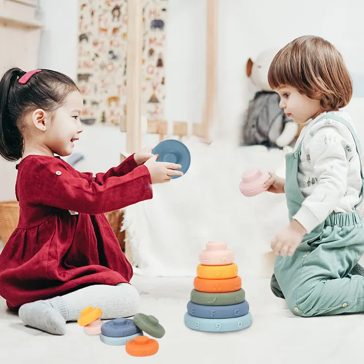 6 Pcs Early Educational Toys Practice Grab BPA Free Blocks Christmas Gift Relief Soft Stacking RingsToy Silicone Teether