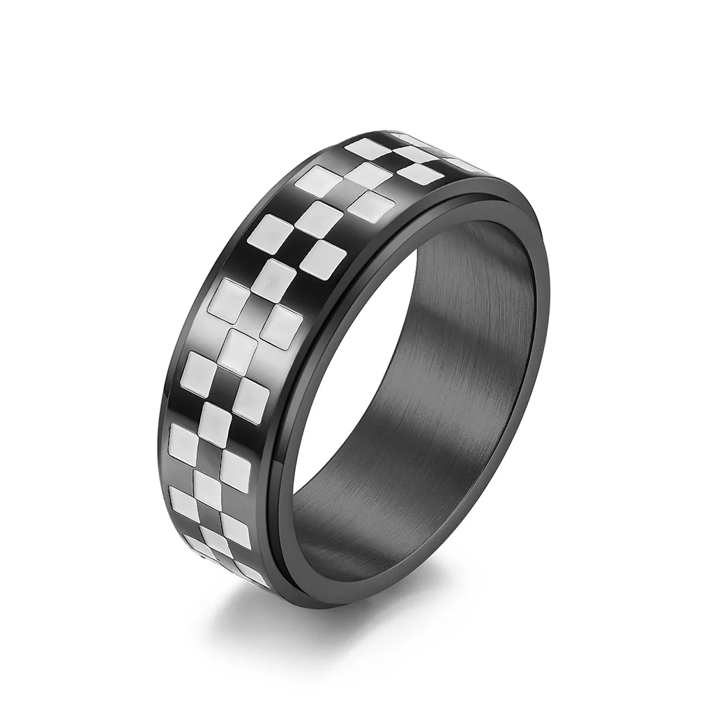 High Quality 8mm Stainless Steel Black and White Check F1 Racing Rotatable Fidget Band Anti Anxiety Stress Relief Spinner Rings