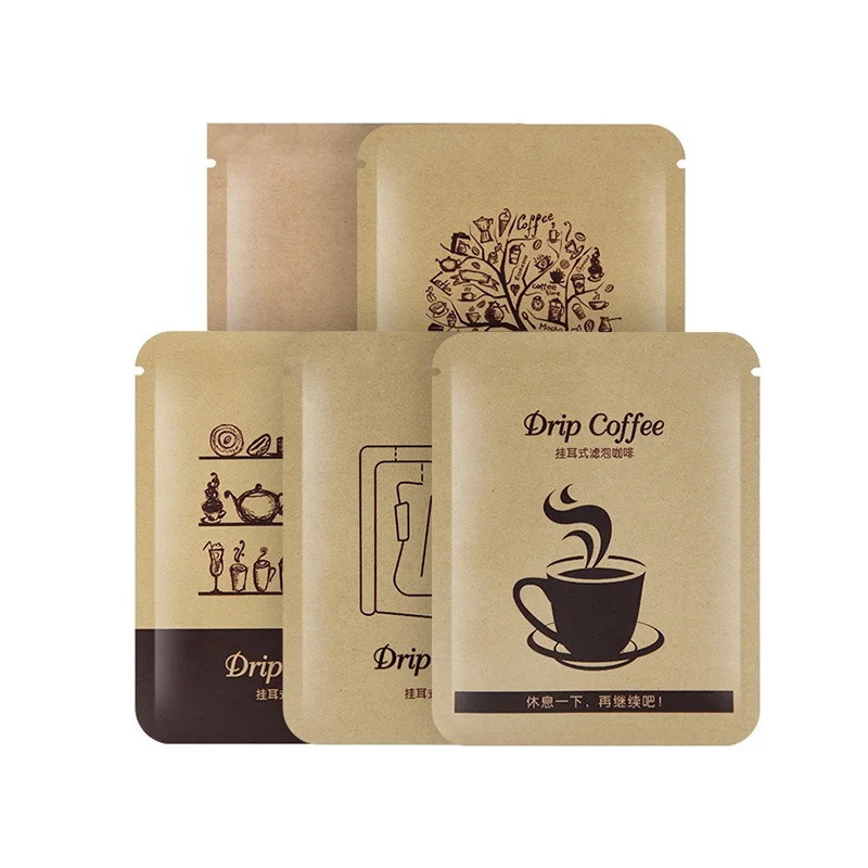 Custom Printing Matte Finish Brown Kraft Paper Coffee Bag Aluminum Foil Three Side Seal Bag For Ear-Hanging Drip Filters
