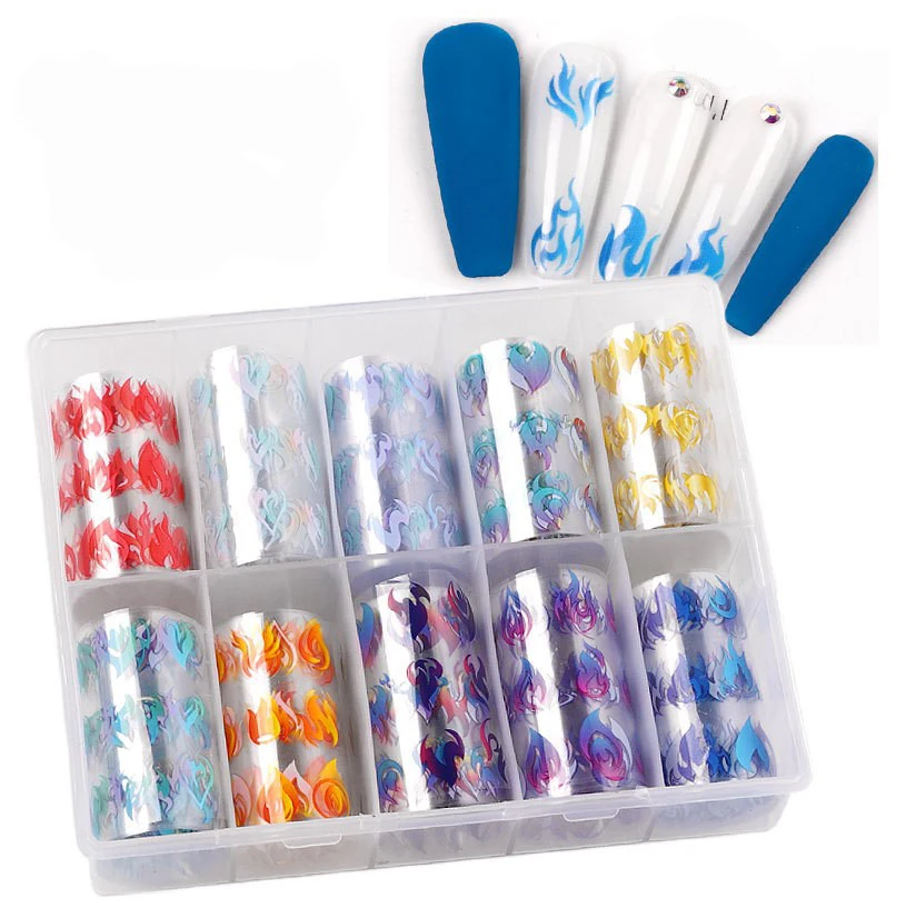 10 Rolls/Box Metallic Flame Nail Transfer Sticker Holographic Laser Fire Starry Sky Paper Nail Art Decorations Foil Decal