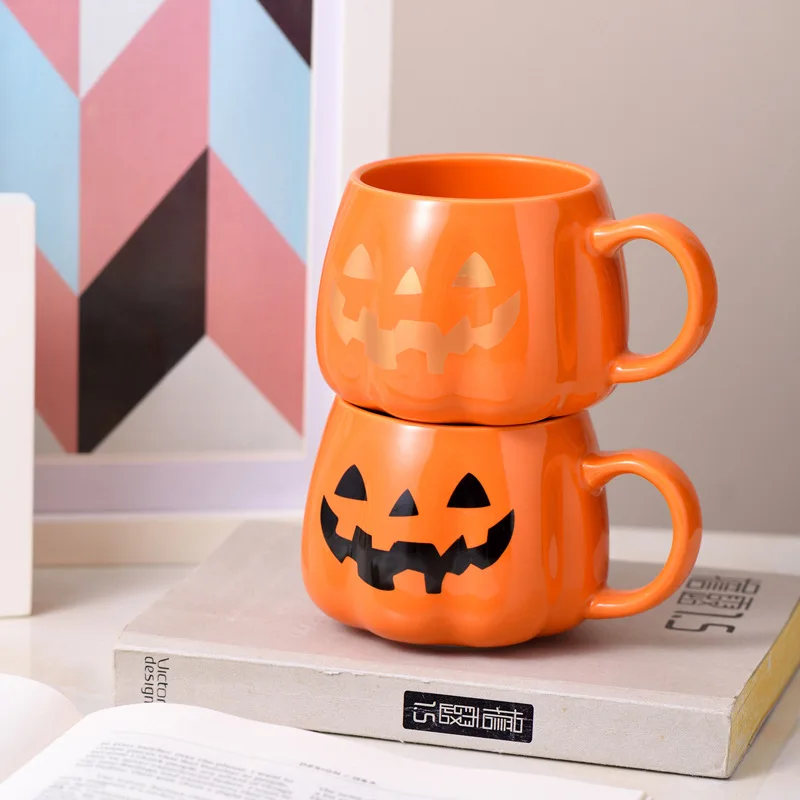 Wholesale 400ml Home Office Creative Porcelain Tea Cup Custom Logo Printed Funny Pumpkin Ceramic Coffee Mug For Halloween Gift