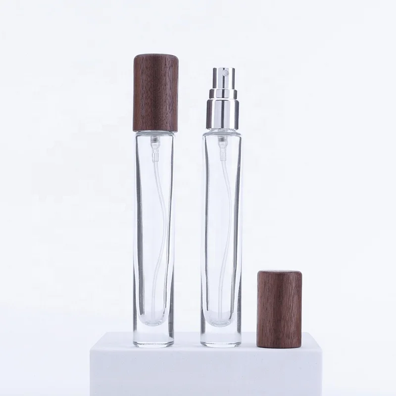 Thick Bottom Vintage 10ml Mini Round Clear Refillable Perfume Bottles 10ml Quality Sample Glass Perfume Decants with Wood Cap