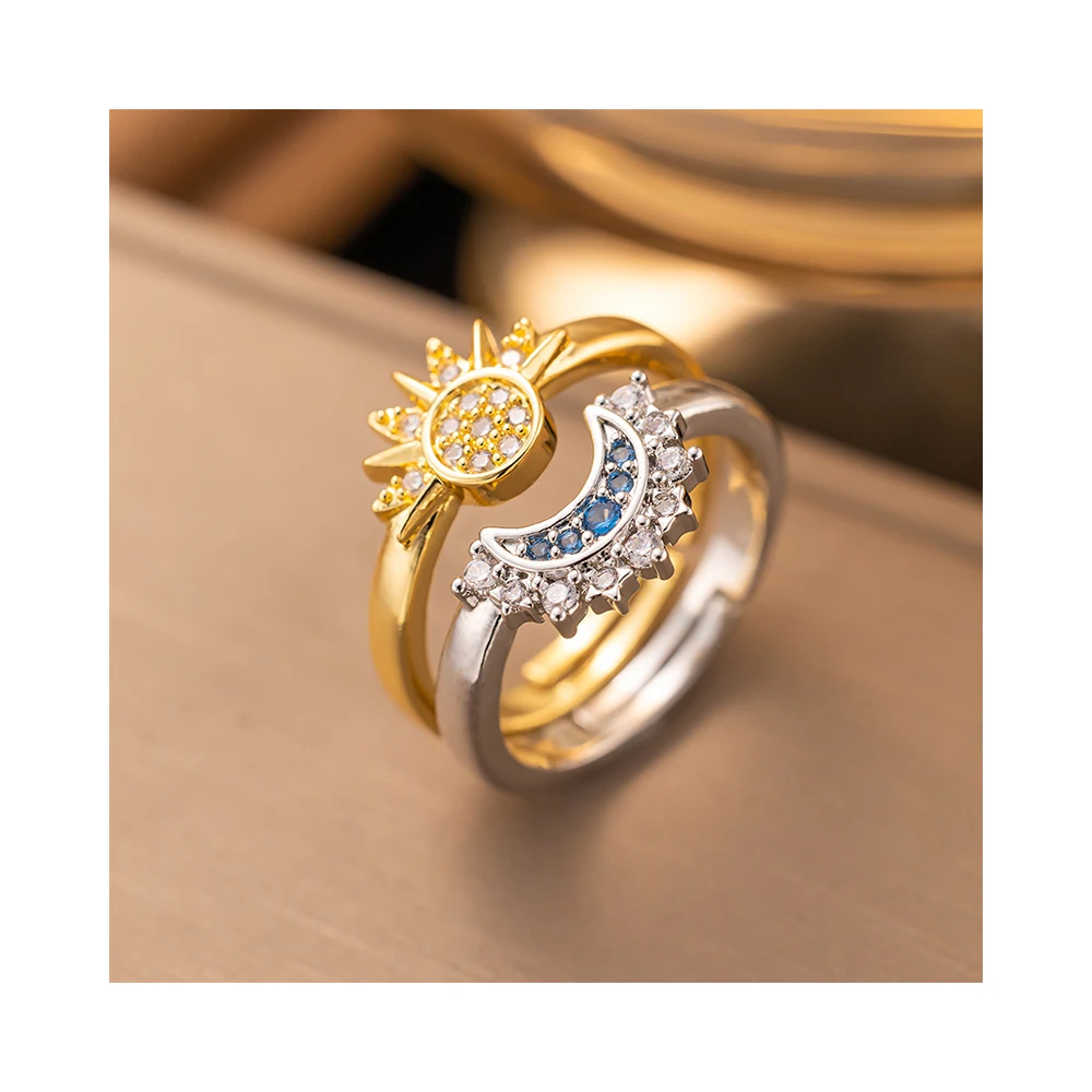Sun Moon Same Radiance Stacked Ring Female Personality Simple Diamond Set Sun Moon Couple Ring Wholesale