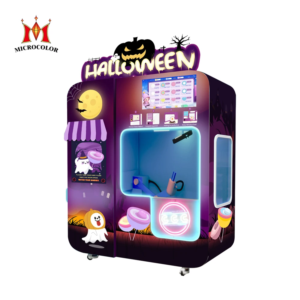 Halloween Design Professional Fully Automatic Cotton Candy Machine Factory Vending Machine with Coin Credit Card Payment System