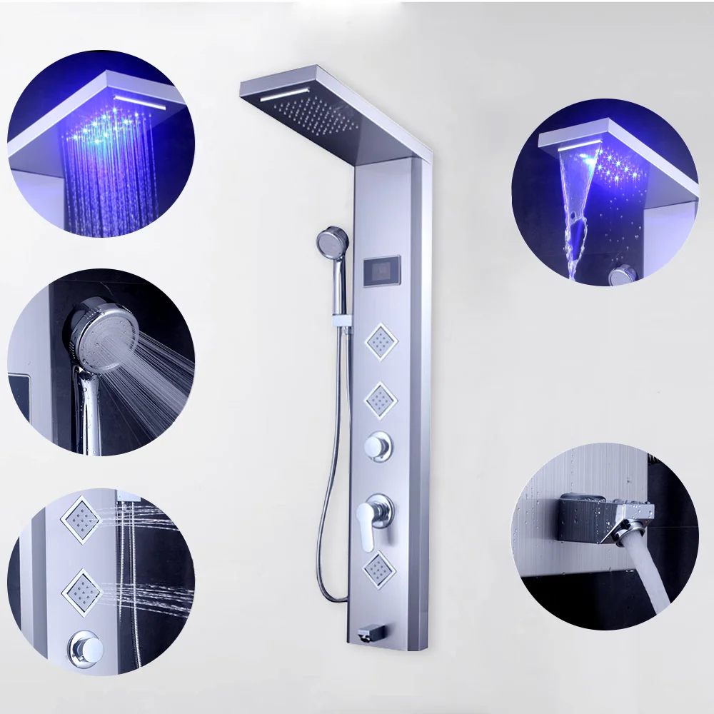Soft Massage Modes Stainless Steel Wall System Panel Chrome Finish Brushed Valve Core Ceramic Material LED Shower Panel