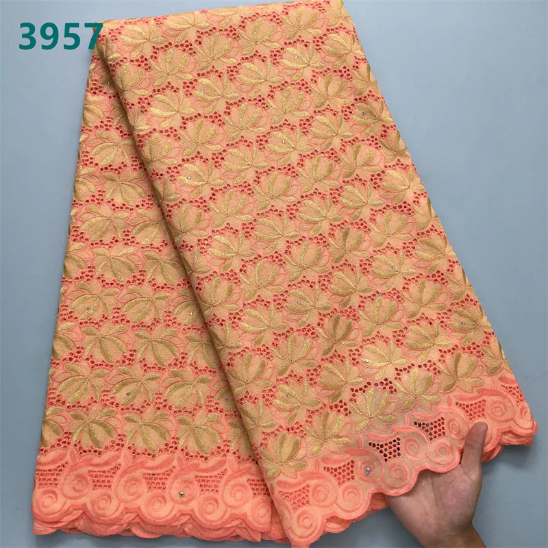 White and Gold African Embroidery Lace Fabric with Rhinestones Wholesale Swiss Voile Cotton Lace for Women Wedding Dresses 3957