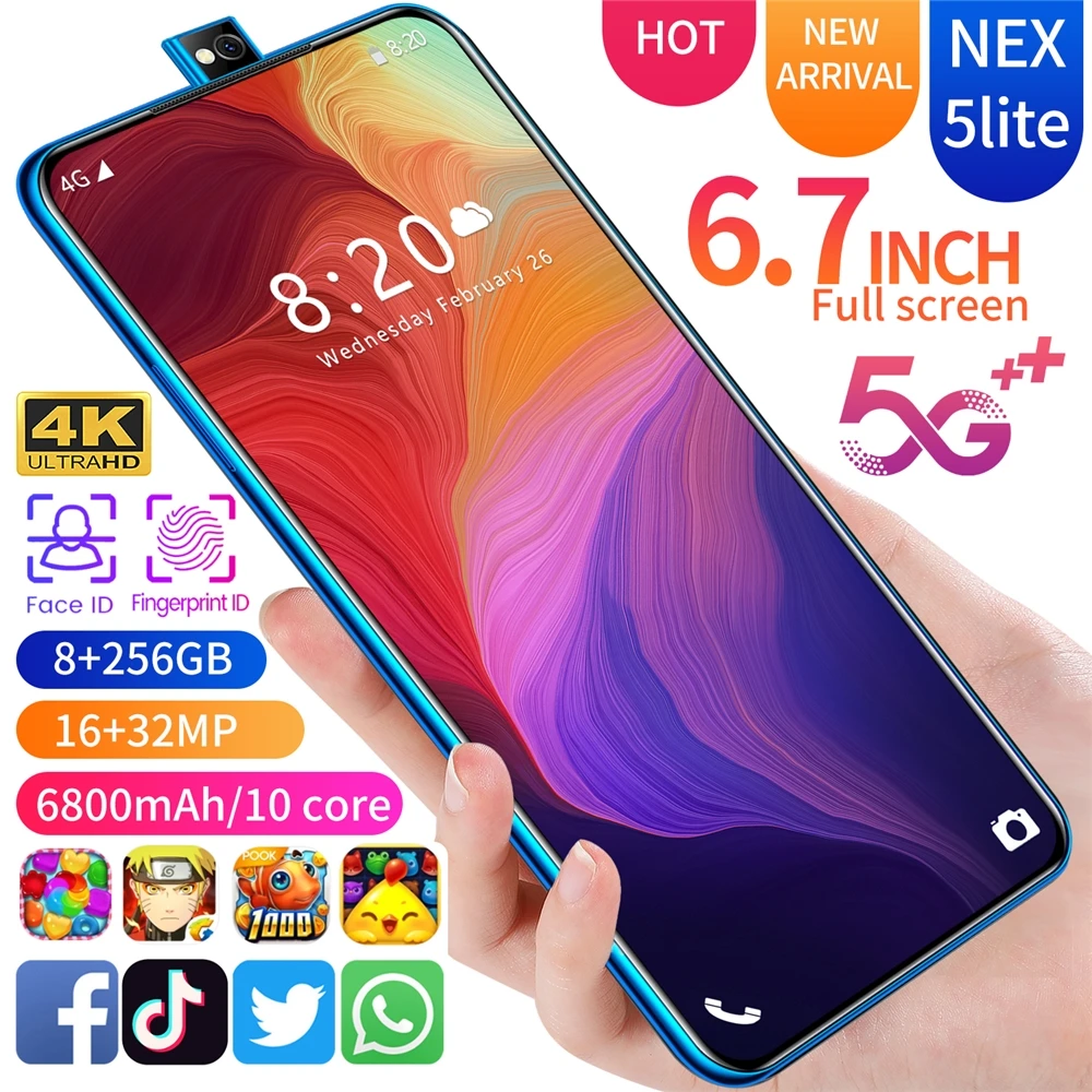 2022 4G Android 10 HD Pop-up Selfie Camera 6.7 Inch 8GB+256GB SmartPhone Face iD Unlock Mobile Phone NEX 5LiteTelephone
