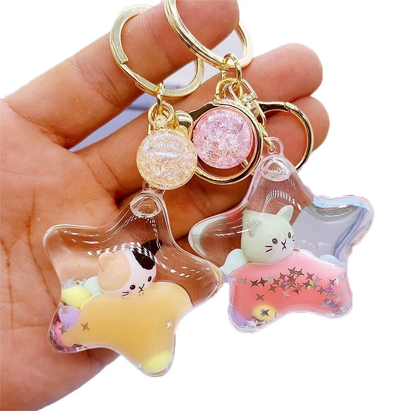 Best Selling  Customizable 3d Oil Liquid Float Floating Bottle Keychain Cute Cat Liquid Keychain