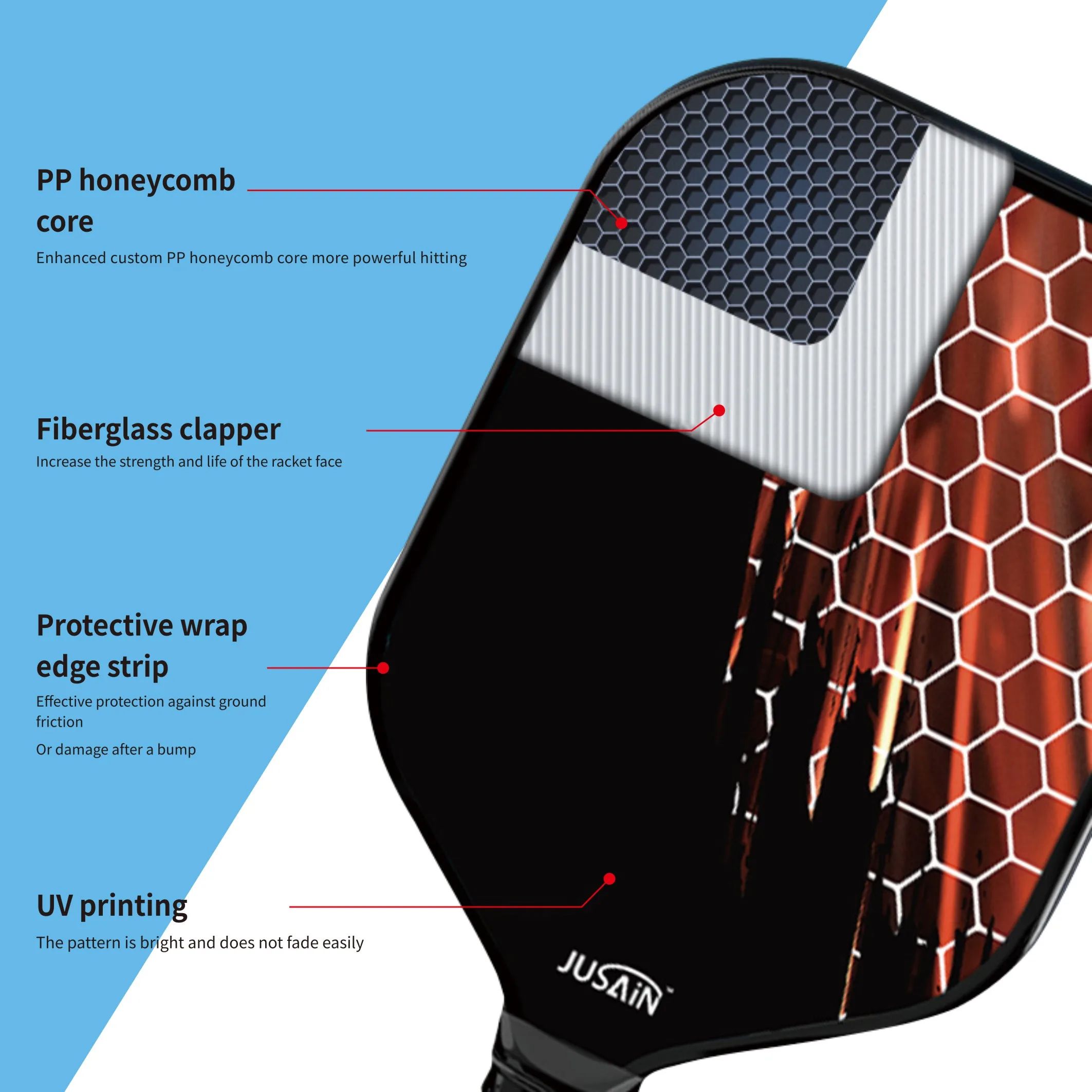 Customizable Cold Pressed Fiberglass Pickleball Paddle with Honeycomb Core for Beginners with Custom Logo