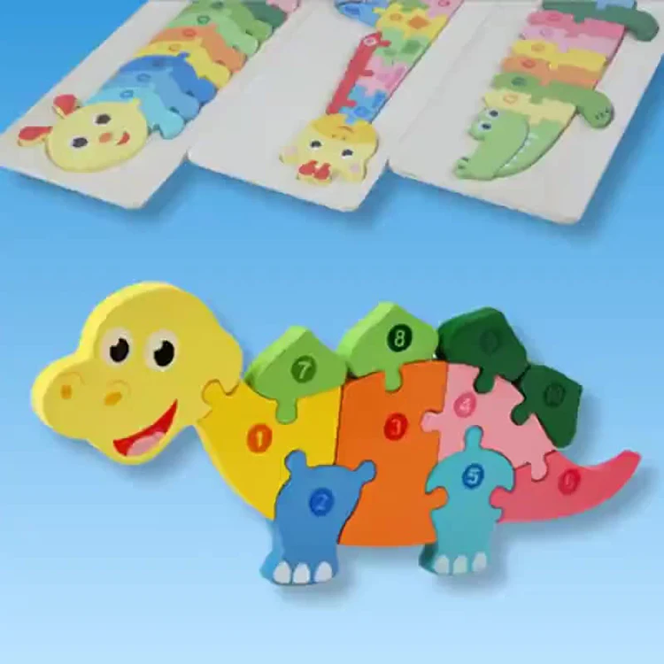Teka teki 3-year-old children wooden animal puzzle 3d puzzle hand grasping board dinosaur digital building block toy