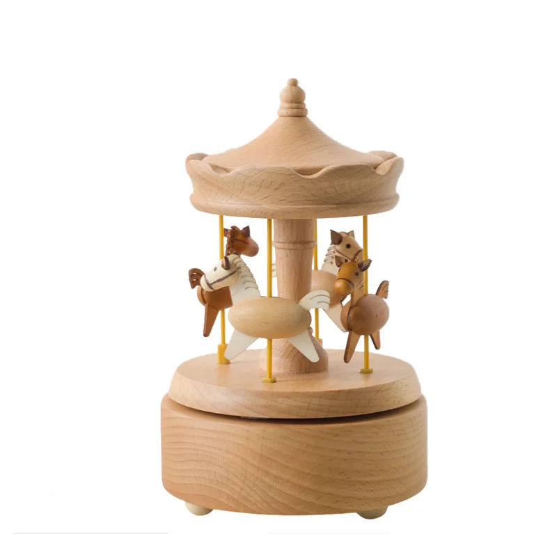 Christmas Birthday Gift No Battery Wooden Carousel Horse Music Box for Kids Home Office Decor