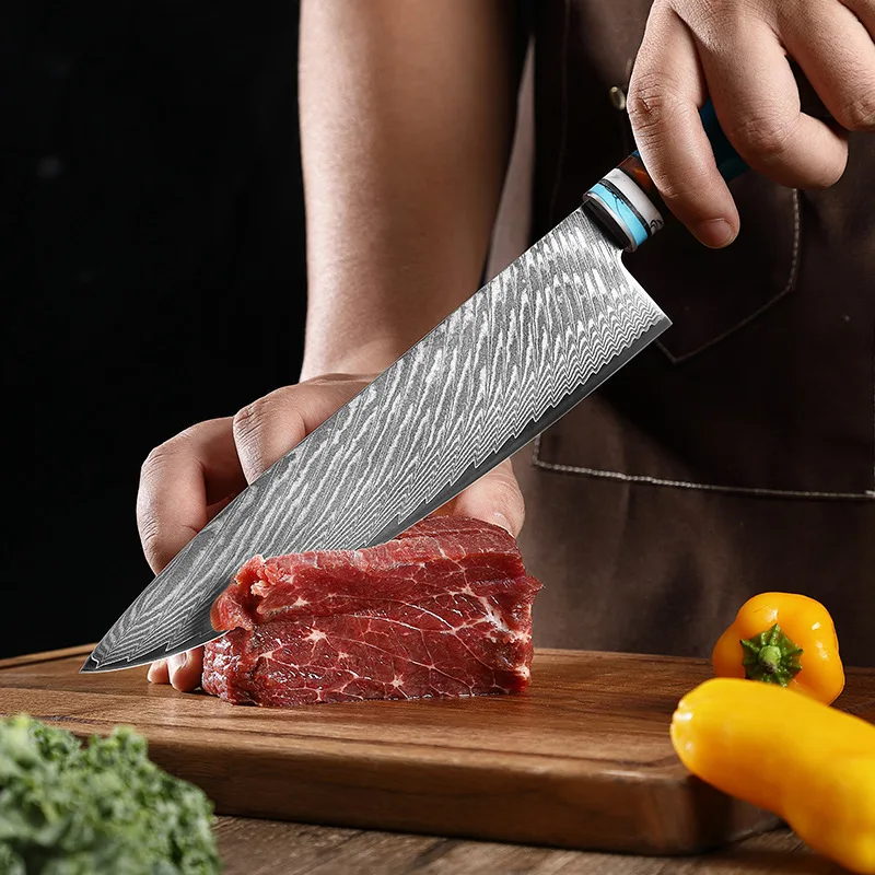 Luxury Blue Resin Handle Damascus Steel Knife Chef  Cooking VG10 67Layers Japanese Kitchen Knives Damascus Knife Set