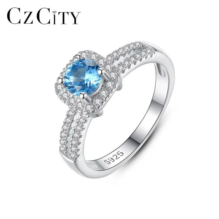 CZCITY Sterling Silver Real 925 Gemstone Woman Jewelry Promise Luxury Designed Fashion Blue Stone Ring