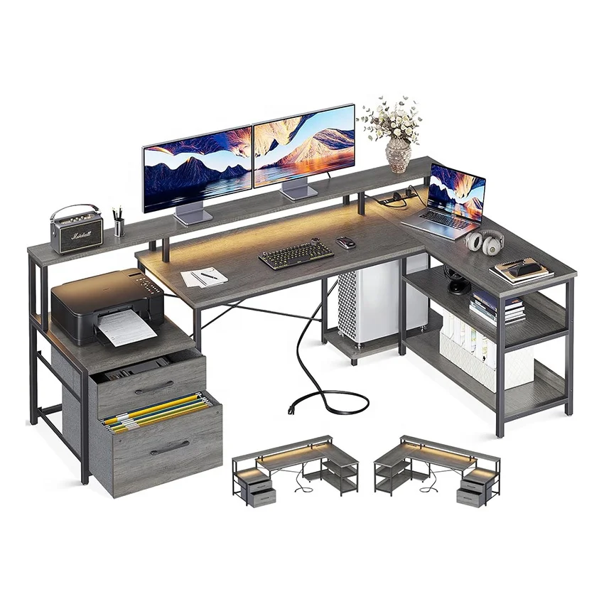 High Quality Wholesale Gaming Desks L Shaped With Led Lights Computer Desk Full-sized Monitor Shelf L Shaped Gaming Table