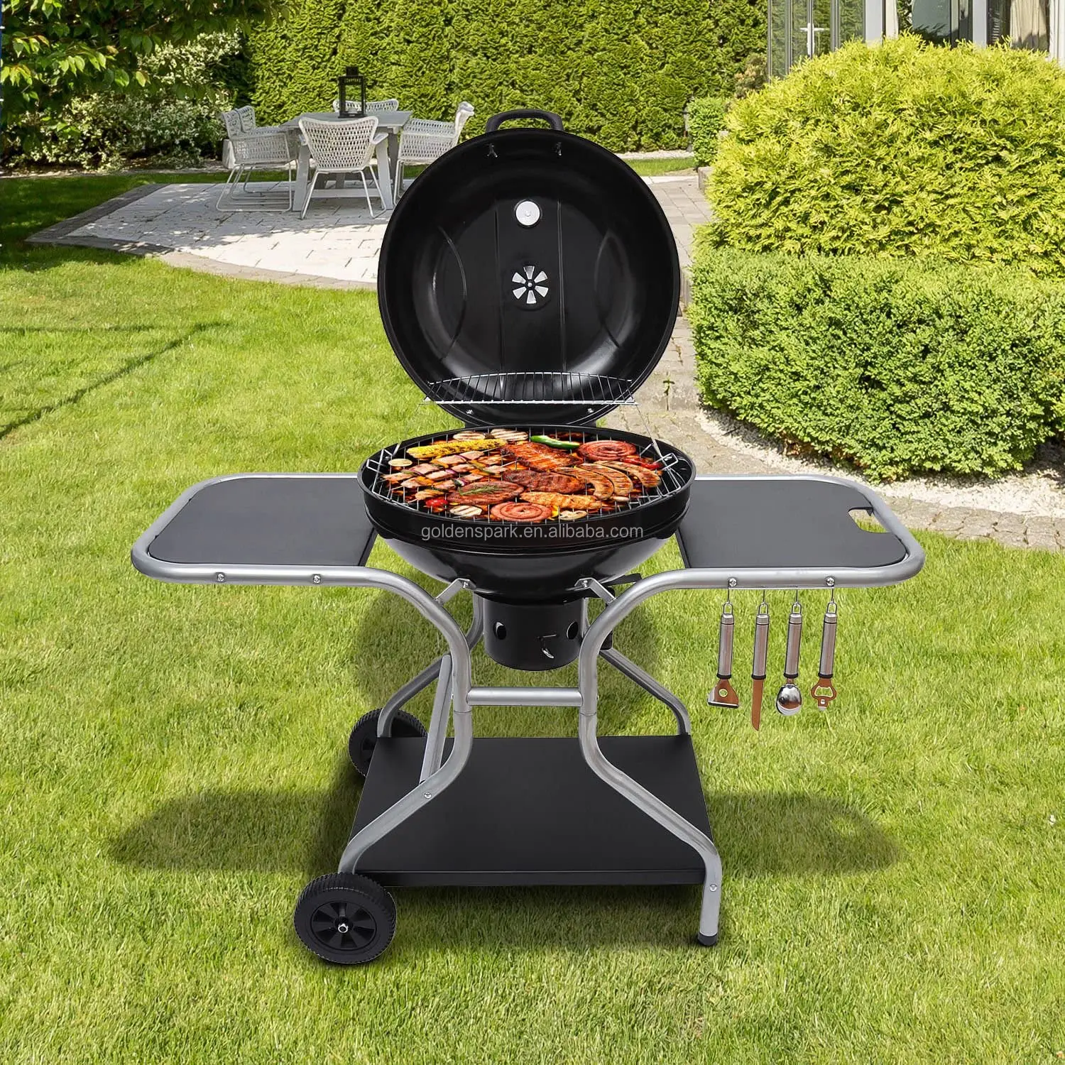 New Deluxe Charcoal Trolley Barbecue Grill with Wheels - Black