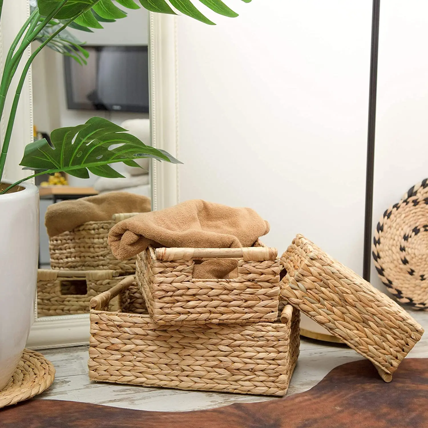 Vietnamese Rectangular Crafts Natural Household Storage Basket Woven Vegetable and Fruit Tray Water Hyacinth Woven Basket