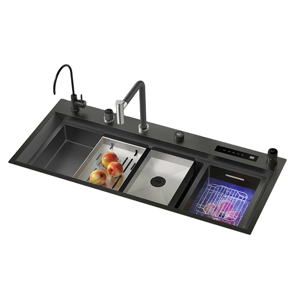 Smart Kitchen Sink Stainless Steel Double Bowl Luxury Multifunctional Nano Black with Purification System