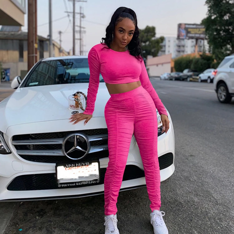 2021 Fall Women Leisure Knitwear Rose Red Casual Ruched Long Sleeve Womens 2 Piece Pant Set