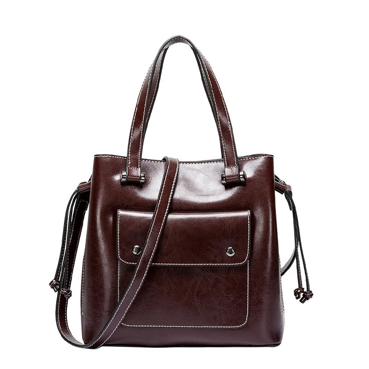 2019 China Fashion Oil Wax Genuine Leather Bag Large Capacity Tote Bag Big Ladies Cowhide Shoulder Bags