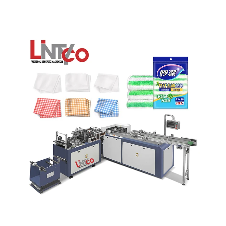 BenGang automatic OPP film bag forming kitchen cleaning clothes towels wrapping packing machine with double size adhesive tape