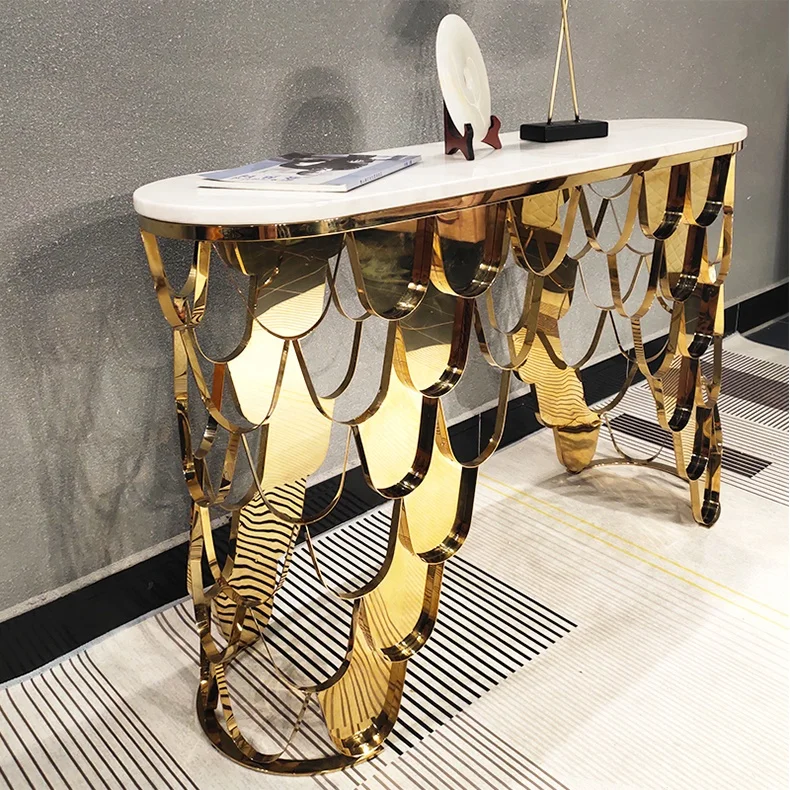 Modern Marble Top God Stainless Steel Fish Scale Console Table for Living Room Kitchen Entry House Gorgeous Corner Hallway Table