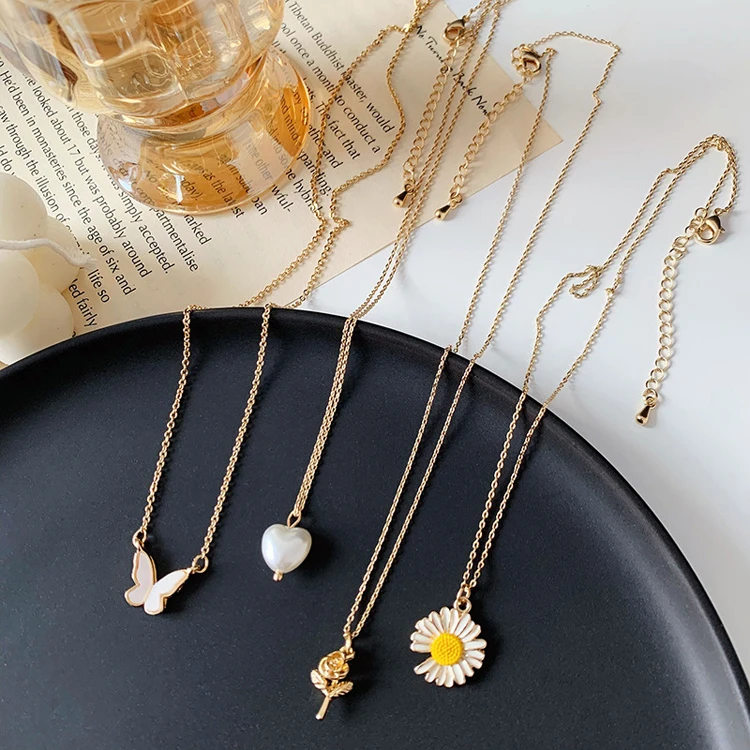 Fasion simple necklace pearl heart small rose butterfly daisy alloy pendant jewellery for women girls gifts