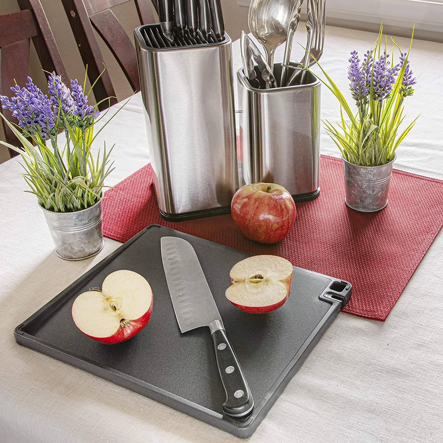 Easy Drainage Holes Stainless Steel Universal Magnetic Utensil Holder and Knife Block with Cutting Board Set