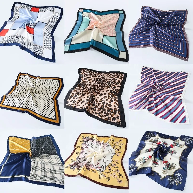 Satin feel  yellow flower square head scarf printed satin scarf for hair bulk