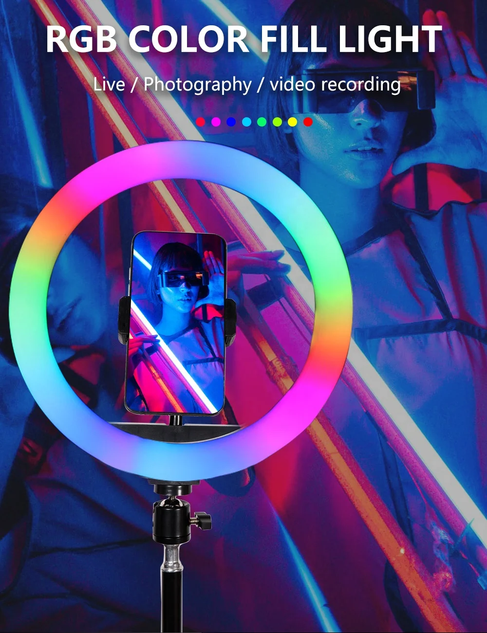 Kaliou 34 colors portable dimmable 30cm RGB ring light  makeup selfie photo LED rainbow ring light for live camera fill light