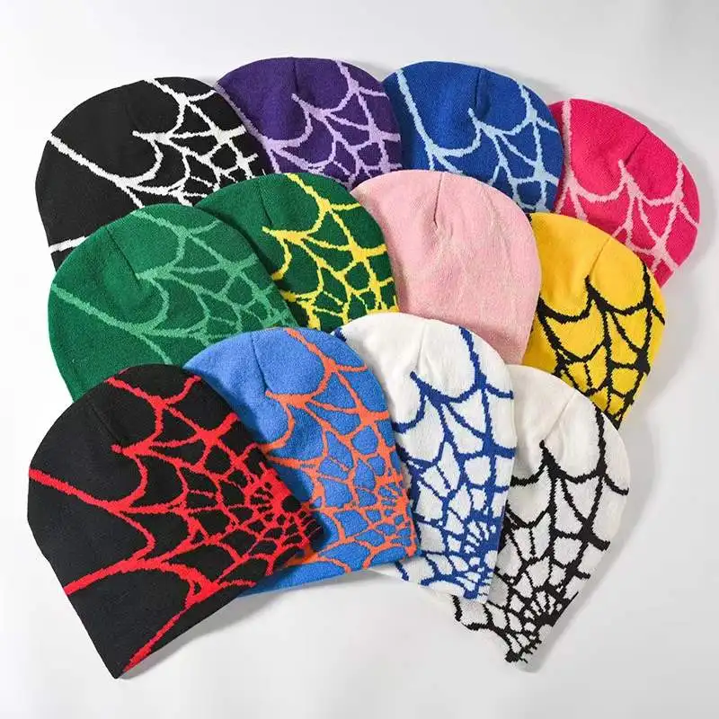 Low MOQ Custom Beanie Manufacturers All Over Print Jacquard Y2K Gothic No Cuff Fold Cuffless Winter Skull Cap Knit Hat With Logo