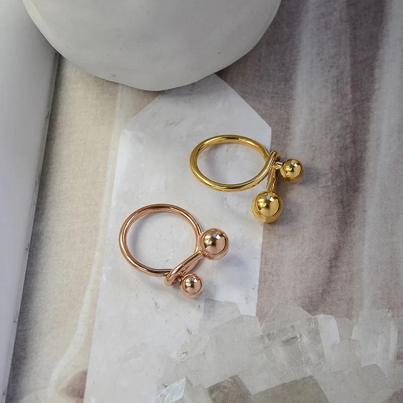 LWS33112 Ojos Malvados Anillo New Minimalist Gold Plated Line Shape Female Simple Stainless Steel Double Knot Ball Rings