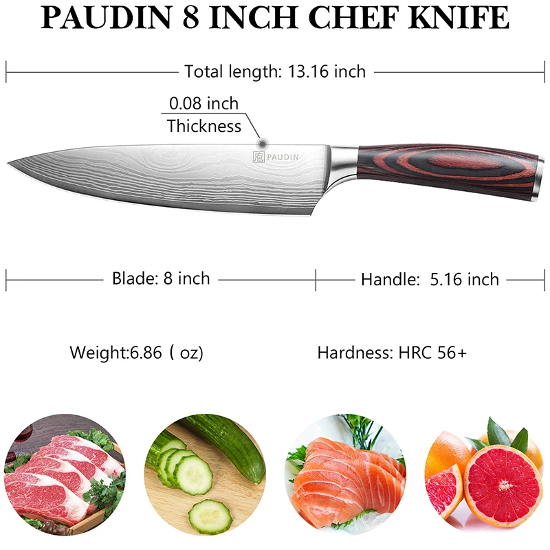 Paudin  Hot Sale Full Tang 8 Inch German High Carbon Steel Kitchen Chef Knife With Natural Ebony Wood Handle Knives Custom