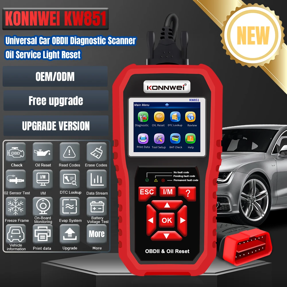 KONNWEI New Launched Vehicle Inspection Device KW851 Protocol Car OBD2 Diagnose Scanner Oil Light Reset Tools