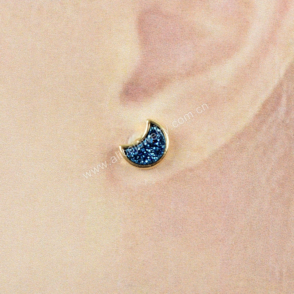 ZG0282 Tiny Gold Moon Shape Druzy Stud Earrings Gold Plated Bezel Druzy Earrings