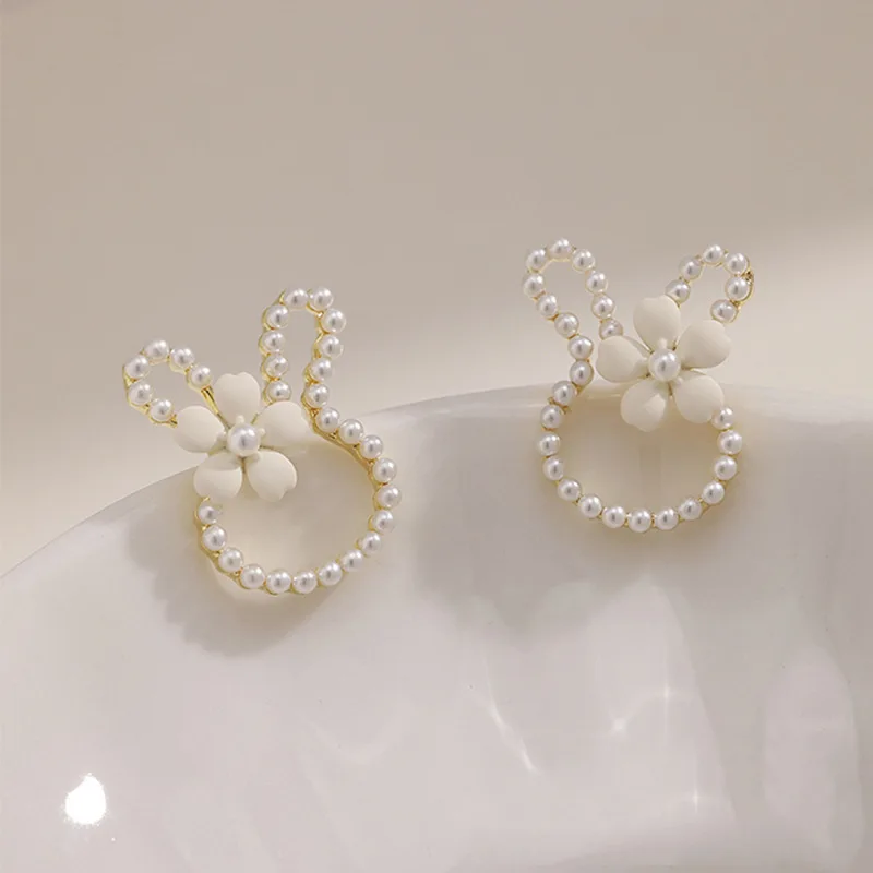 Wholesale S925 Silver Needle Sweet Little Rabbit Earrings Female Pearl Flower Rabbit Ears Cartoon Cute Earrings