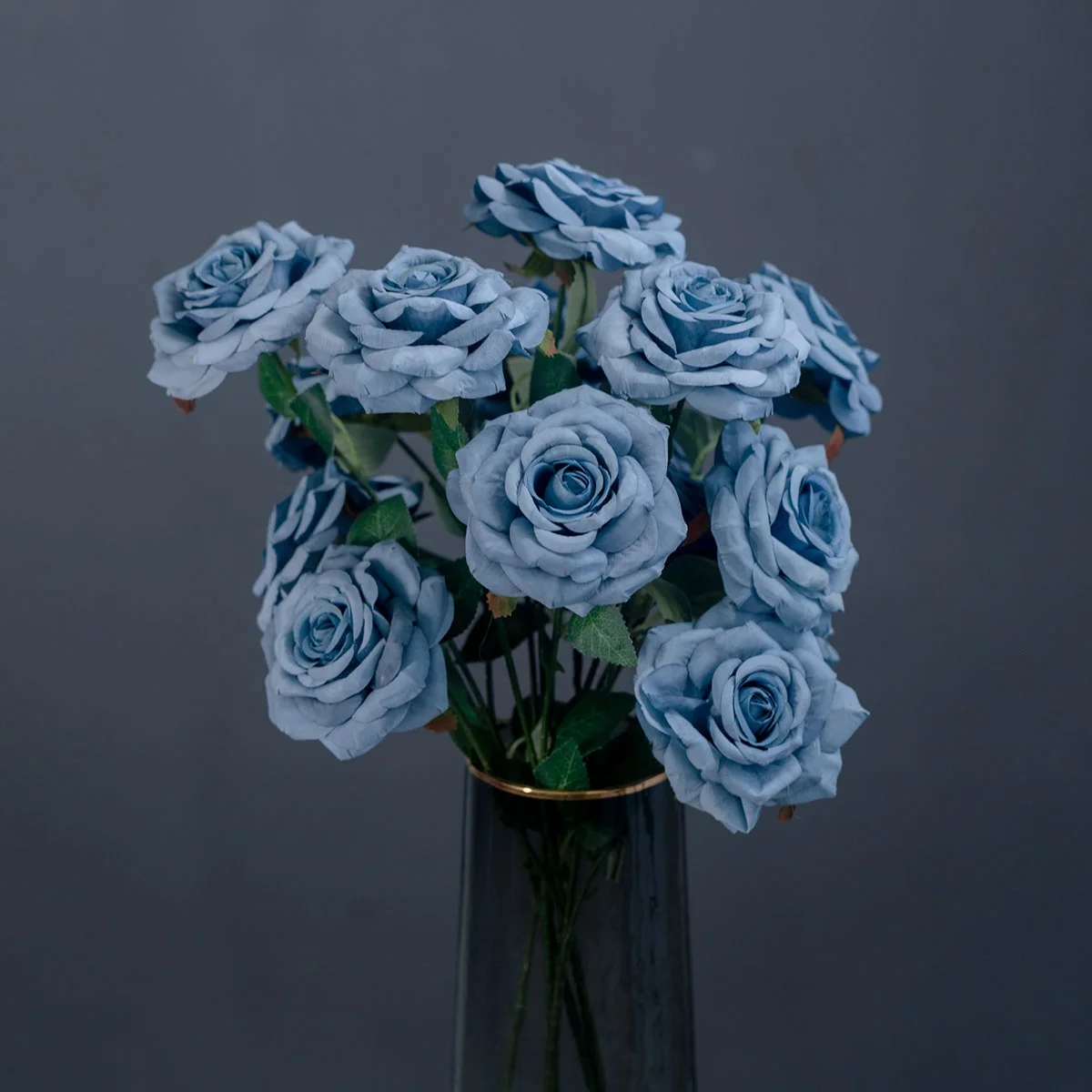 3 Head Royal Blue Silk Rose Floral Arrangement Artificial Flowers Bouquet Realistic Curly Rose Bouquet For Home Wedding Decor