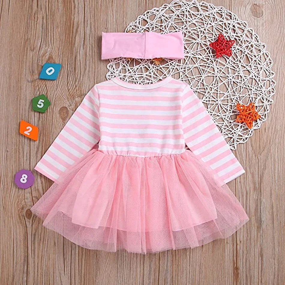 BKD Long Sleeve Fall Infant 12 to 18 months clothes Birthday Lolita Pink Stripe Cotton 1 yr baby girl dress