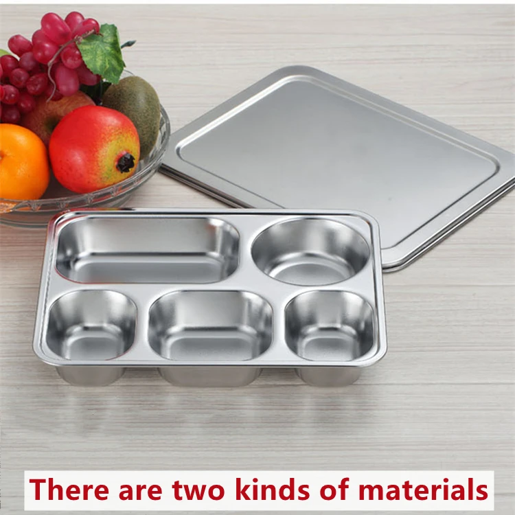 
5 Compartment Fast Food Stainless Steel Lunch Box Rectangular Divided Dinner Plate Snack Serving Set Tray With Lids 