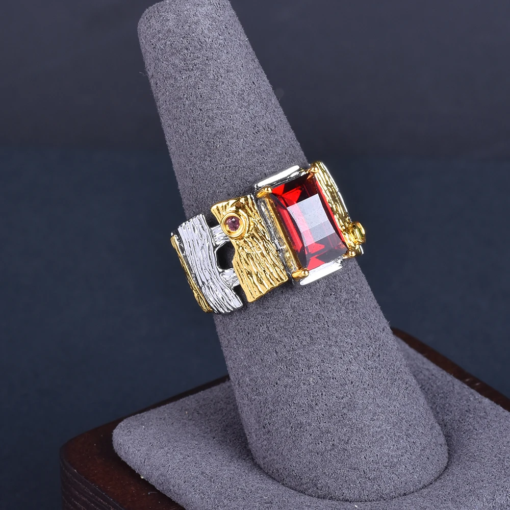 Natural Garnet Ring Italian Handicraft Retro Elegant Ring 925 Silver Gold Plated Natural Garnet Ring